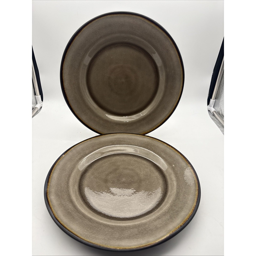 Set of 2 Better Homes and Gardens Bramley Gray dinner plates tan rim 11 1/4"